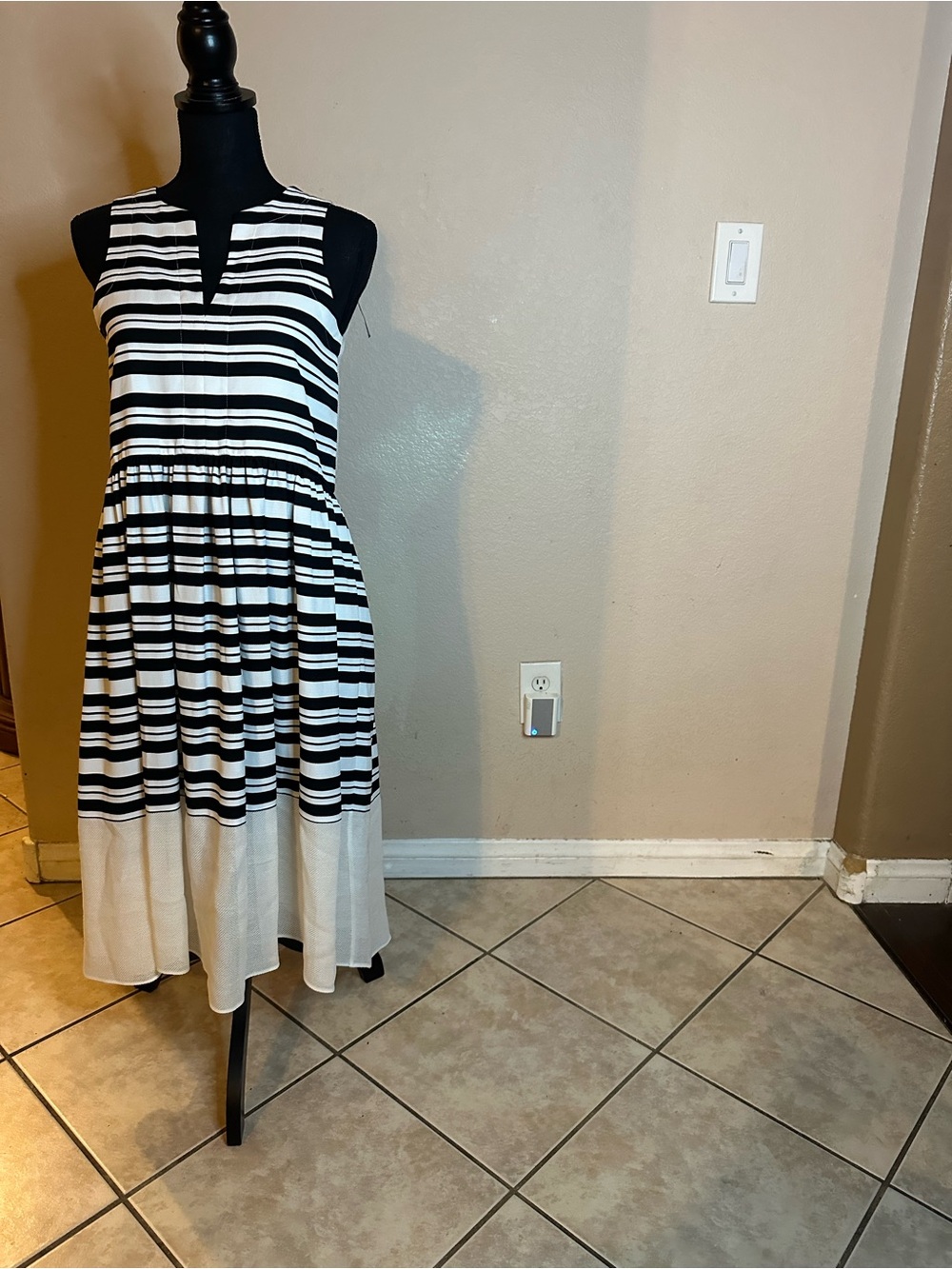 Tibi Black and White Striped Sleeveless Midi Dress